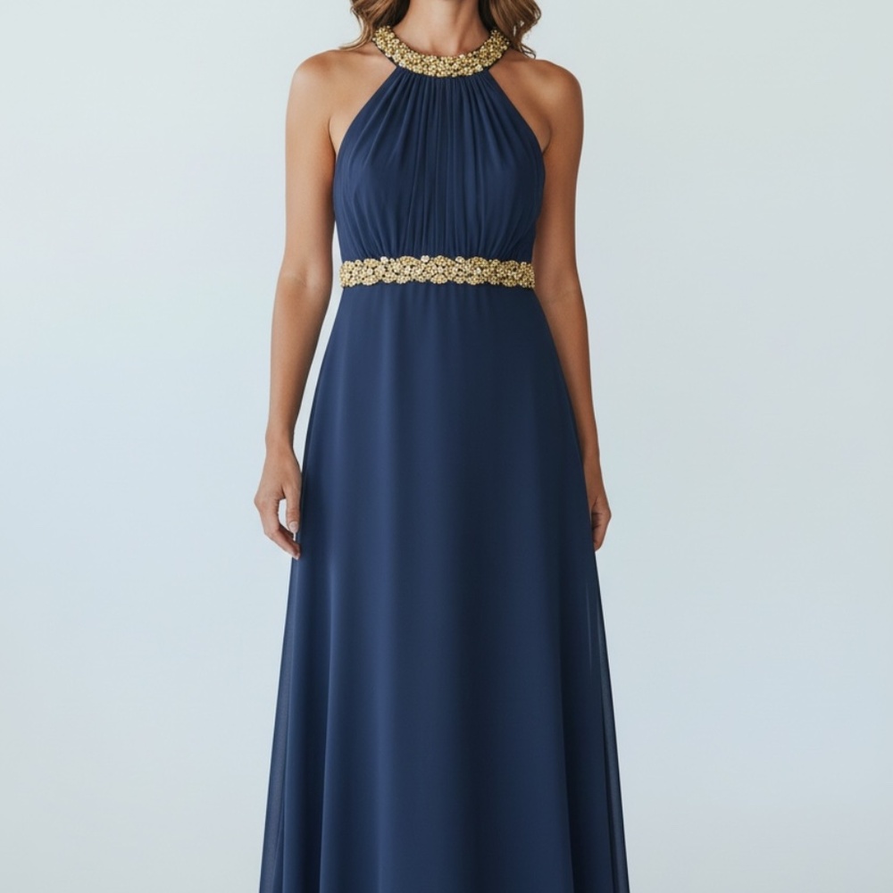 JS Boutique Elegant navy and Gold Evening Gown 12